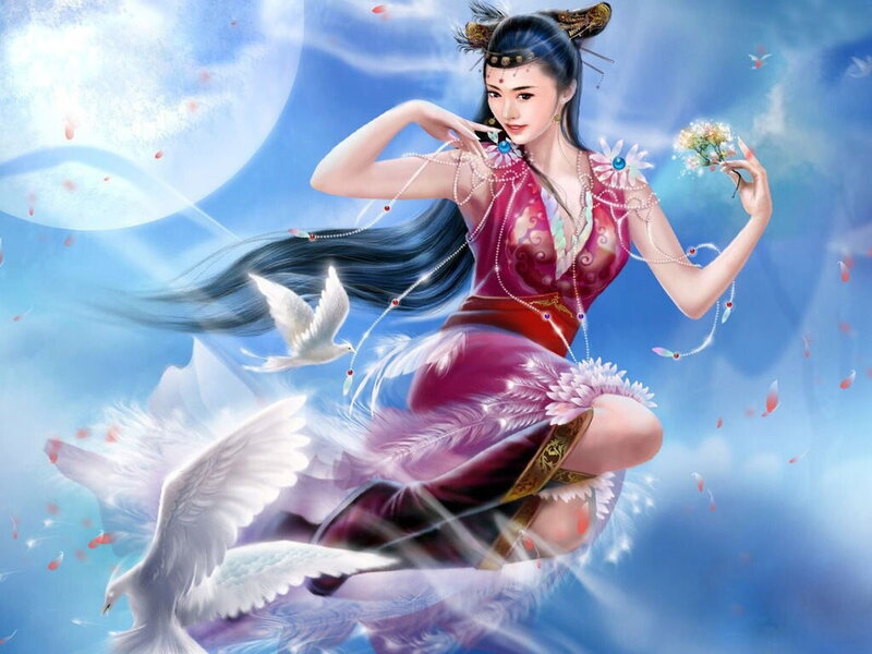 Woman with White Doves — Blue, Serene