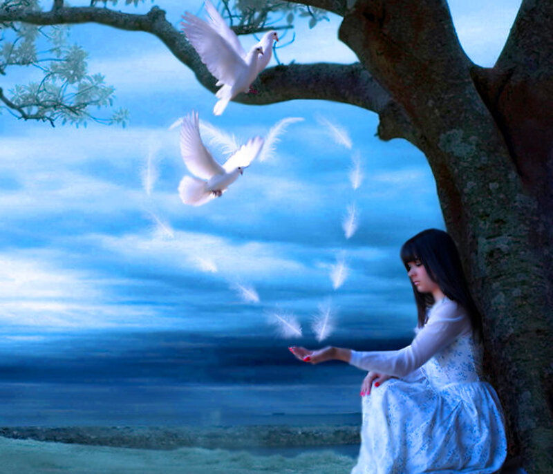 Woman with White Doves — Blue