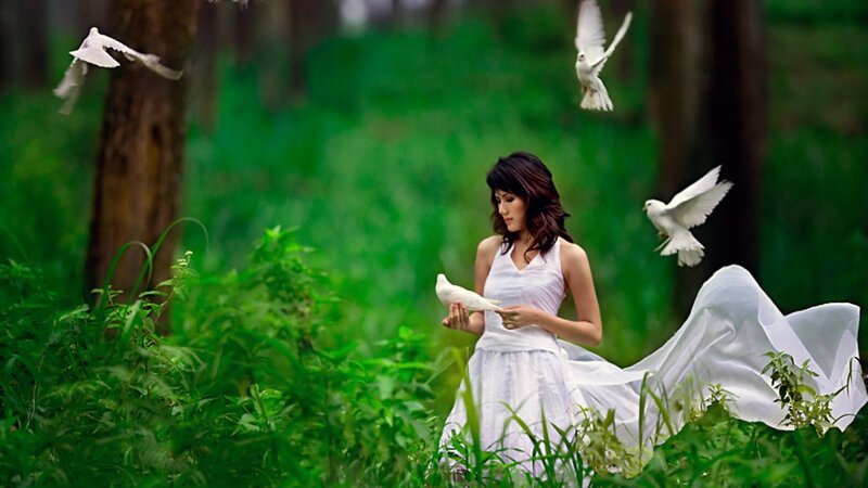 Woman with White Doves — Serene, Afternoon, Photograph
