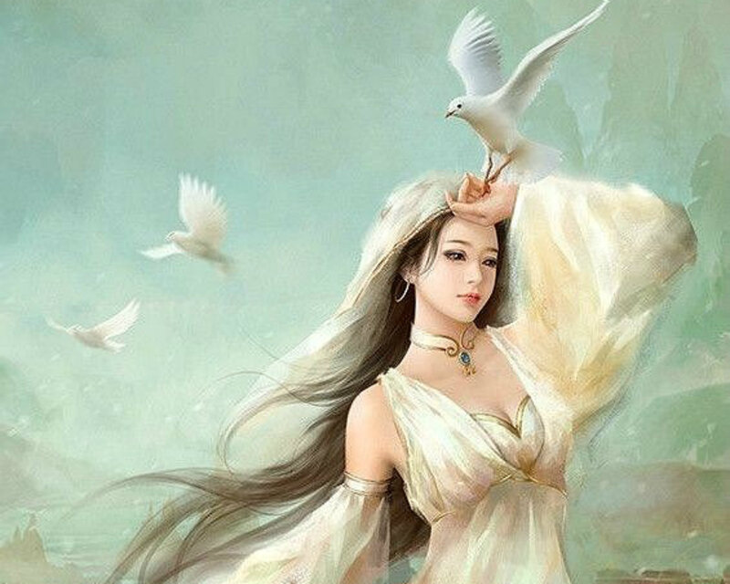 Woman with White Doves — Serene, Digital Art