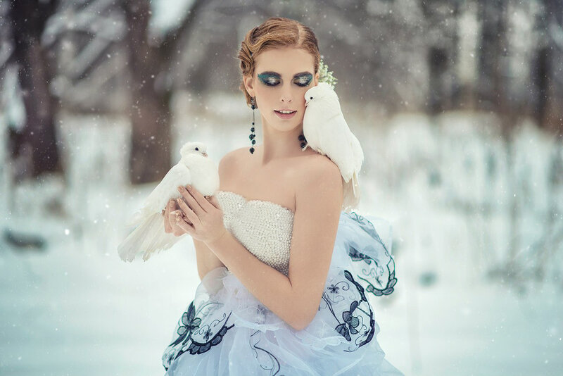 Woman with White Doves — Serene, Winter