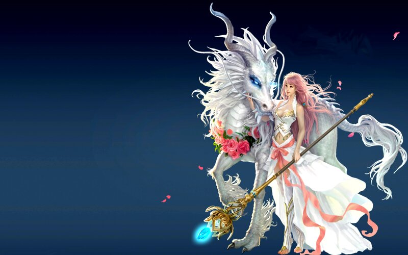 Woman with White Dragon — Blue, Serene