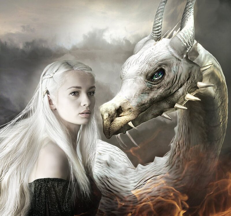 Woman with White Dragon — Dramatic, Digital Art