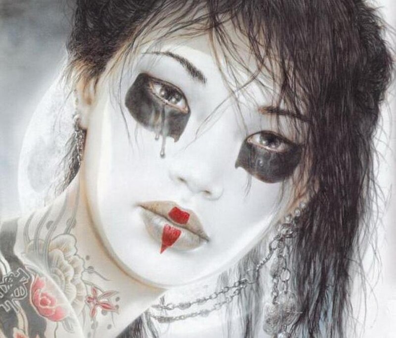 Woman with White Face Paint — Dramatic, Digital Art, Tattoos