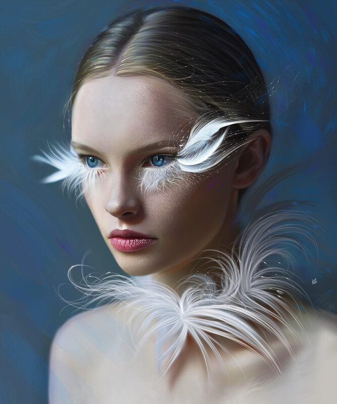 Woman with White Feathers — Blue, Dramatic
