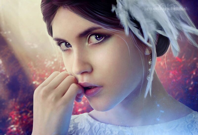 Woman with White Feathers — Dramatic, Digital Art