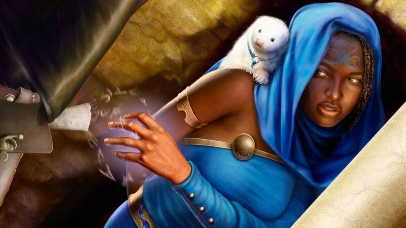 Woman with White Ferret — Blue, Dramatic, Digital Art, Blue Hooded Robe