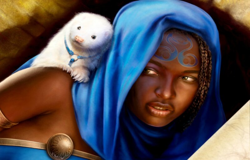 Woman with White Ferret — Blue, Dramatic, Digital Art