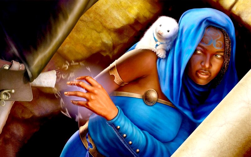 Woman with White Ferret — Blue, Dramatic