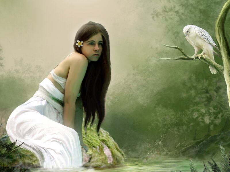 Woman with White Flower — Green