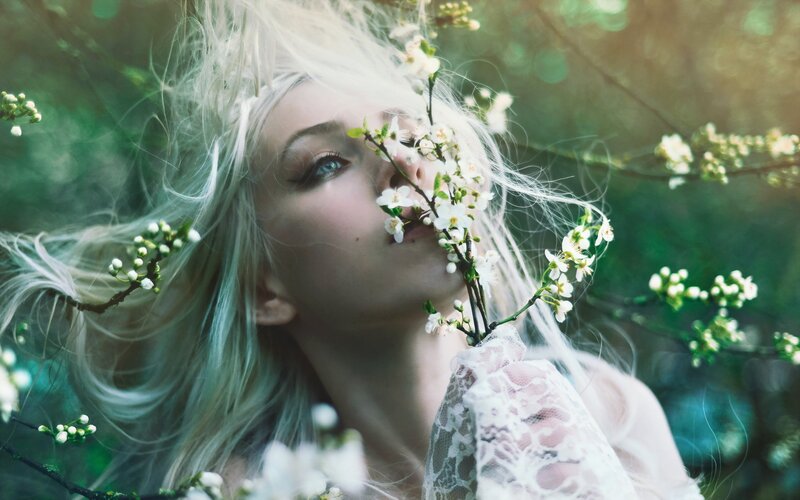 woman with white flowers