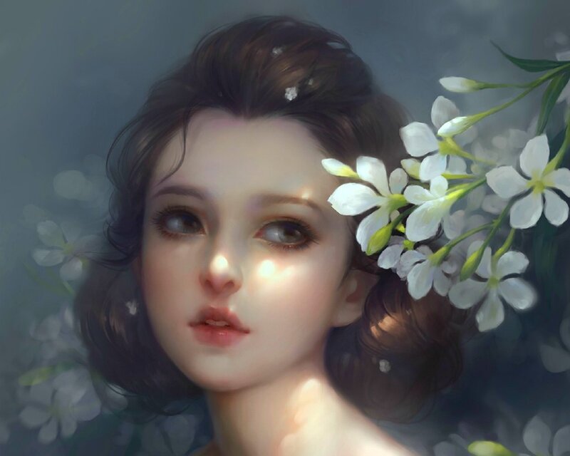 Woman with White Flowers — Serene, Digital Art, Hair, Light