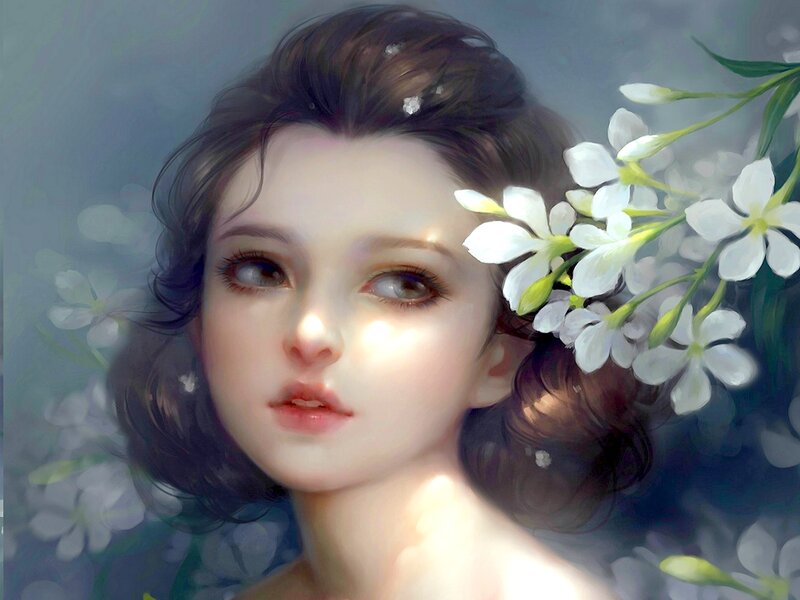 Woman with White Flowers — Serene, Digital Art, Hair