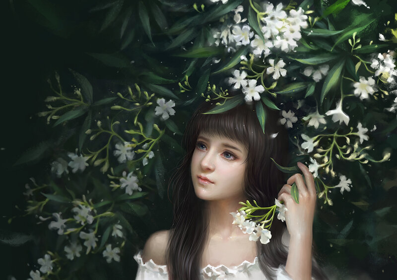 Woman with White Flowers — Serene, Digital Art, Leaves