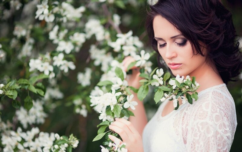 Woman with White Flowers — Serene, Spring, Photograph, Lace Dress