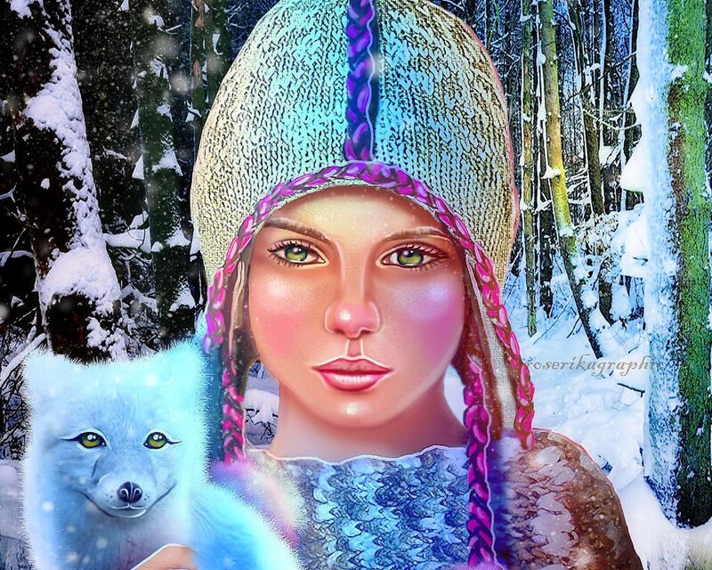 Woman with White Fox — Blue