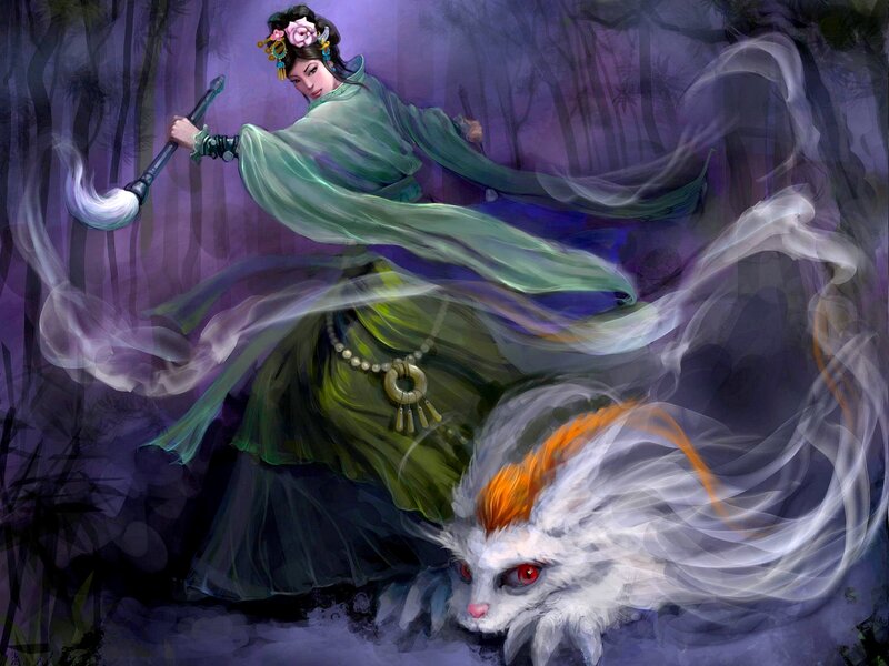 Woman with White Fox — Purple