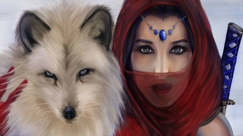 Woman with White Fox — Red, Dramatic