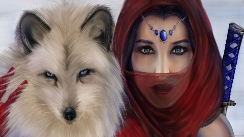 Woman with White Fox — Red