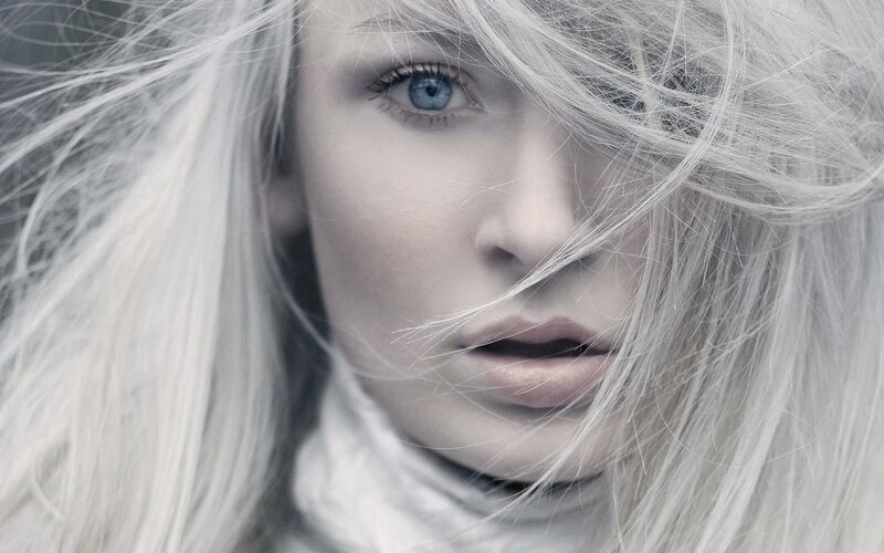 woman with white hair and blue eyes