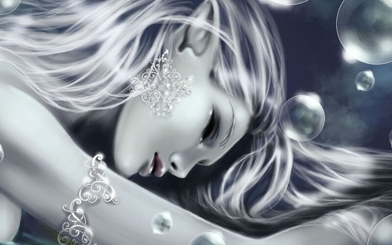 woman with white hair and bubbles