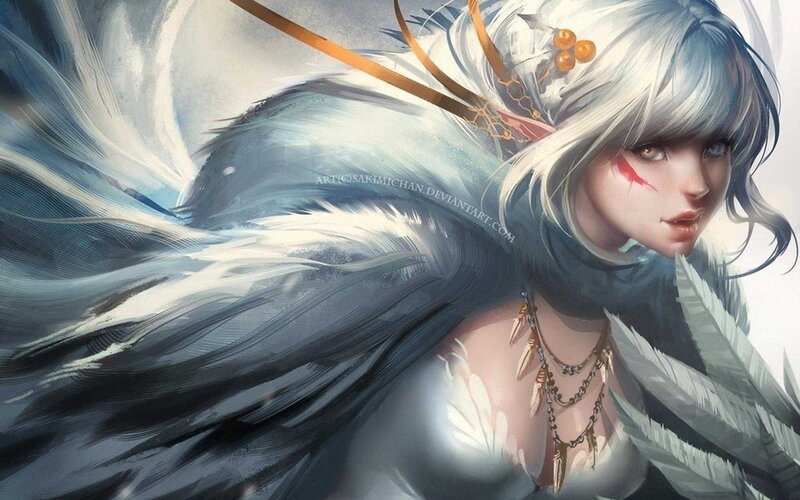 Woman with White Hair and Feathers — Dramatic
