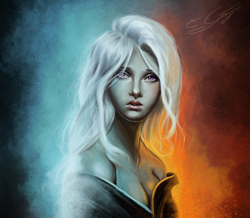 woman with white hair and purple eyes