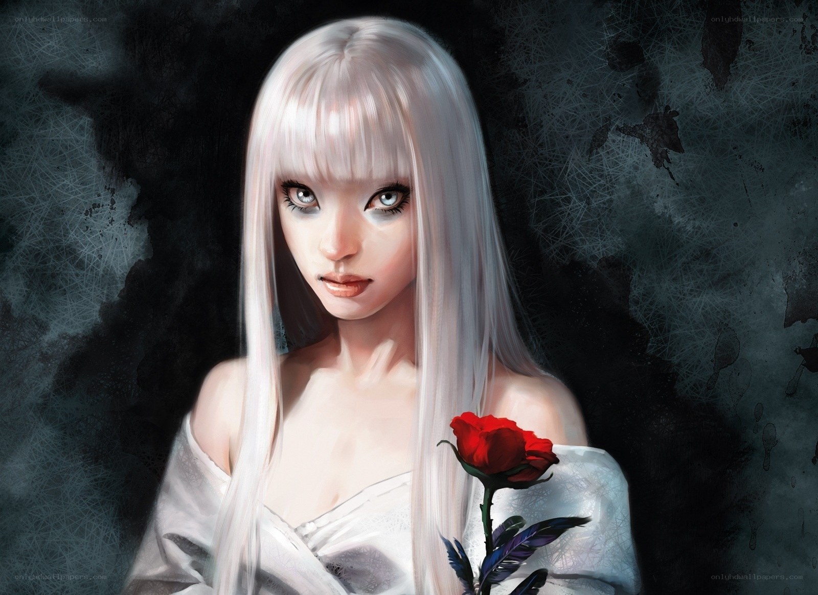 Woman with white hair and red rose