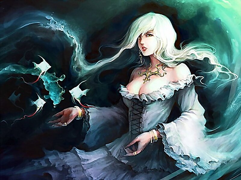 Woman with white hair and sea creatures