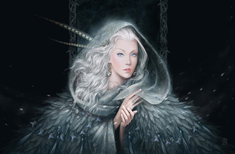 Woman with White Hair and Wings — Black, Dramatic