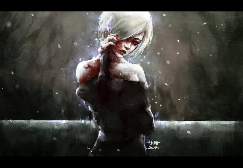 Woman with White Hair — Black, Dark, Night, Digital Art, Cigarette