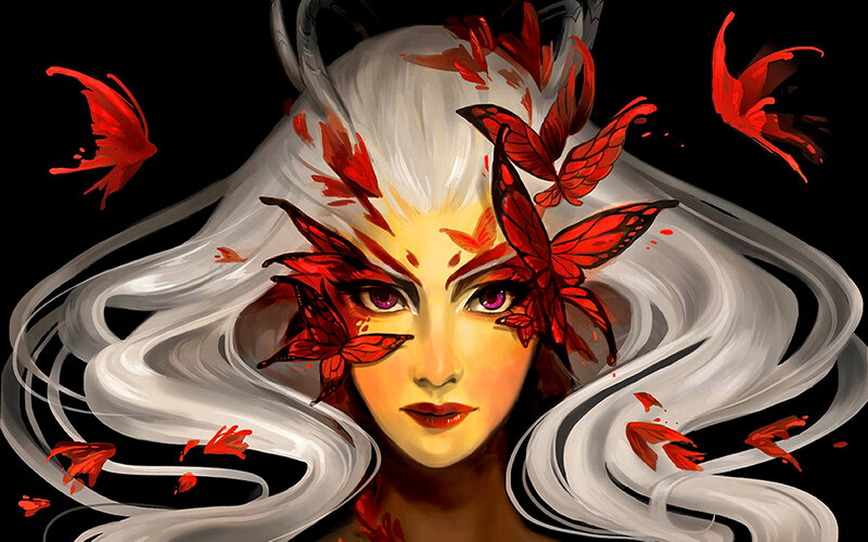 Woman with White Hair — Black, Dramatic, Digital Art, Butterflies