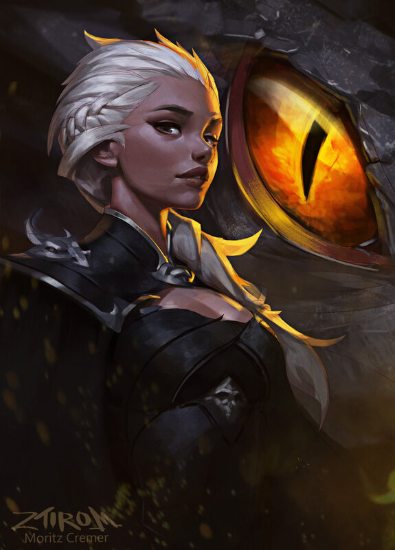 Woman with White Hair — Black, Dramatic, Digital Art, Dragon Eye
