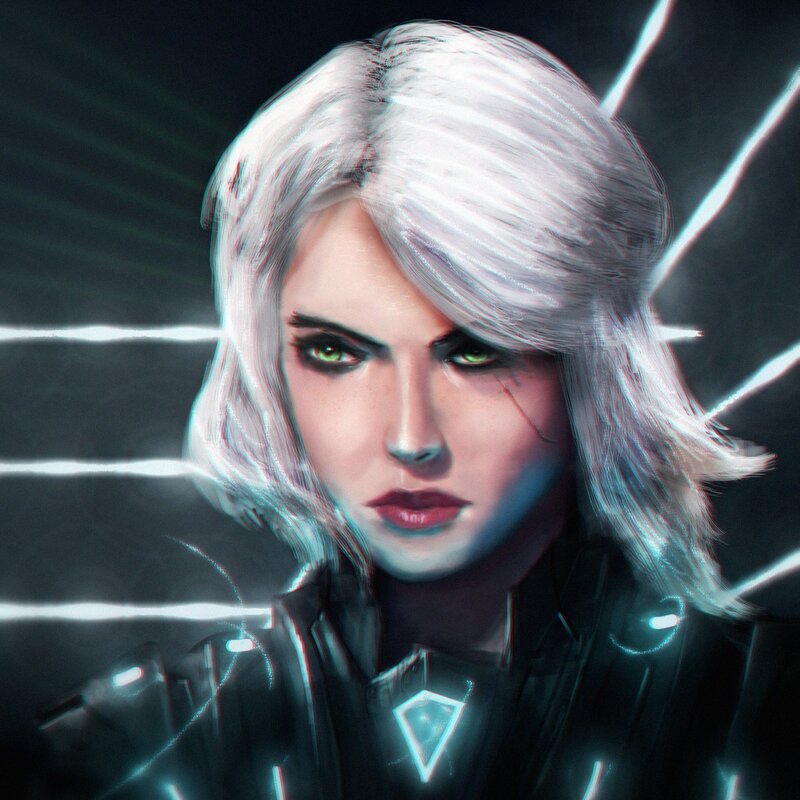 Woman with White Hair — Black, Dramatic, Digital Art, Green Eyes