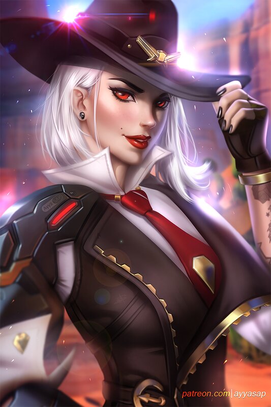 Woman with White Hair — Black, Dramatic, Digital Art, Hat