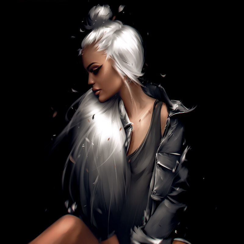 Woman with White Hair — Black, Dramatic, Digital Art, Jacket