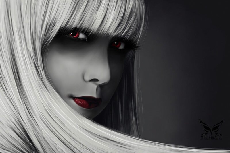 Woman with White Hair — Black, Dramatic, Digital Art, Red Eyes