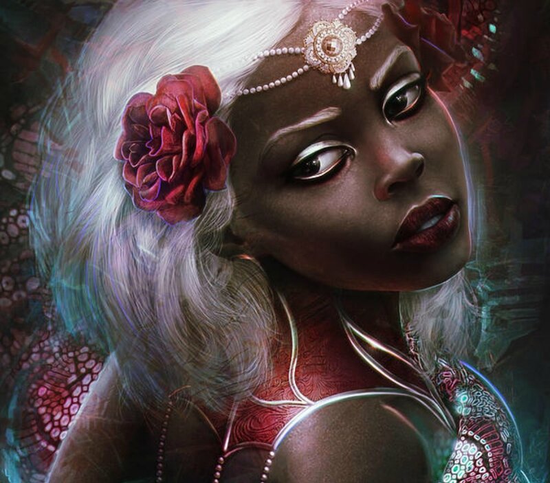 Woman with White Hair — Black, Dramatic, Digital Art, Red Rose, Headpiece