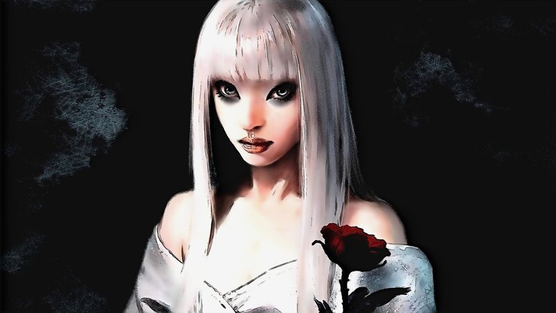 Woman with White Hair — Black, Dramatic, Digital Art, Red Rose