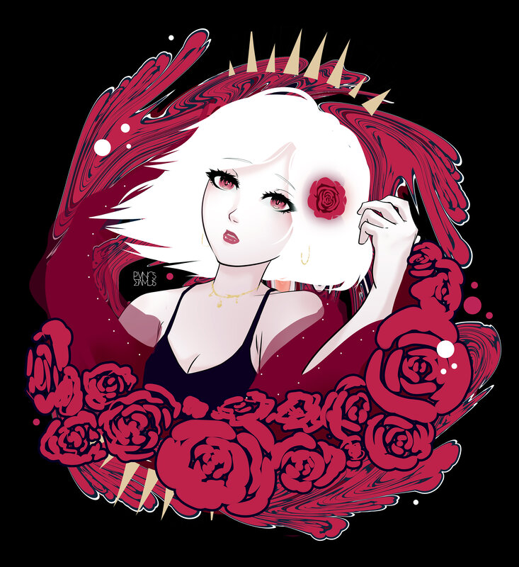Woman with White Hair — Black, Dramatic, Digital Art, Roses, Crown