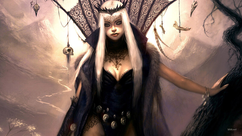 Woman with White Hair — Black, Dramatic, Digital Art, Skulls, Feathers, Lace