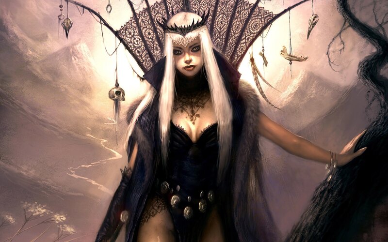 Woman with White Hair — Black, Dramatic, Digital Art, Skulls, Feathers