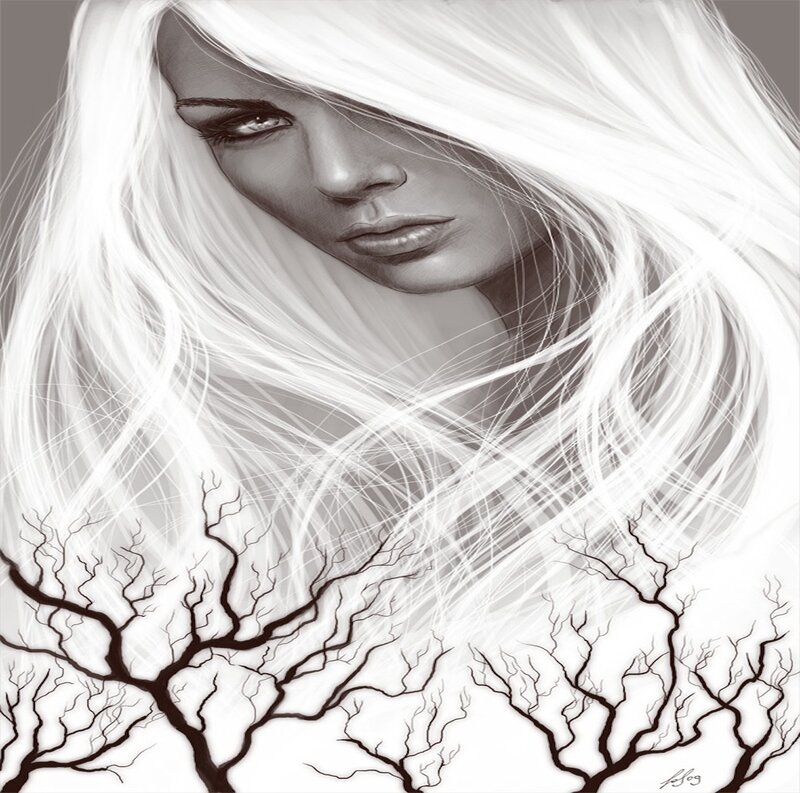 Woman with White Hair — Black, Dramatic, Digital Art, Trees