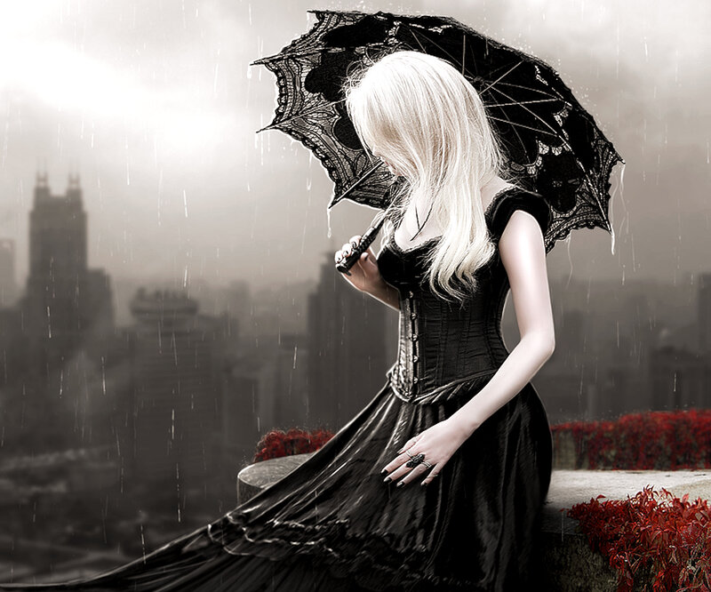Woman with White Hair — Black, Dramatic, Digital Art, Umbrella