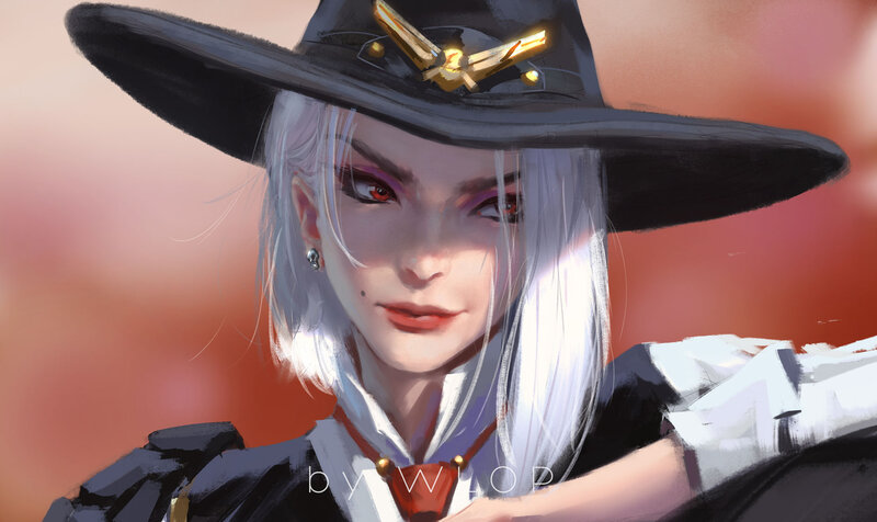 Woman with White Hair — Black, Dramatic, Digital Art, Witch Hat