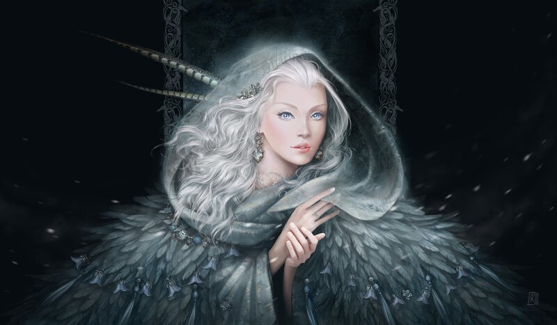 Woman with White Hair — Black, Dramatic, Night, Digital Art, Feather Cloak