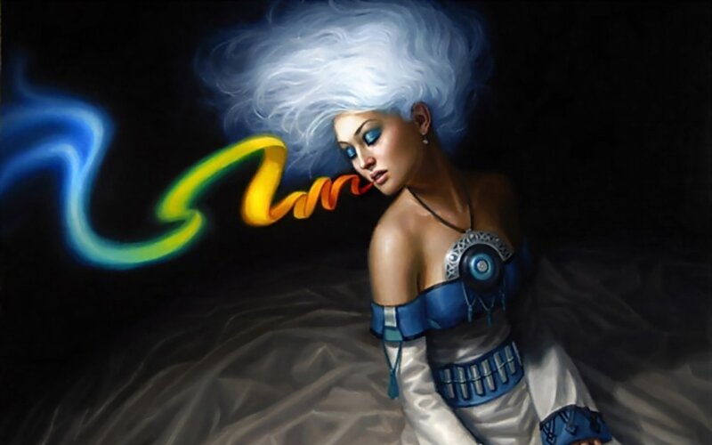 Woman with White Hair — Black, Dramatic, Night, Digital Art, Glowing Ribbons