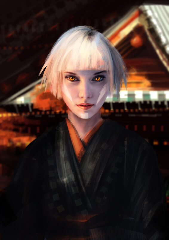 Woman with White Hair — Black, Dramatic, Night, Digital Art, Kimono