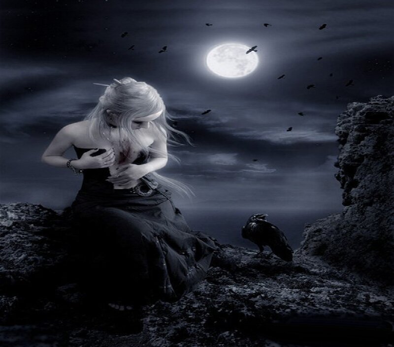 Woman with White Hair — Black, Dramatic, Night, Digital Art, Moon