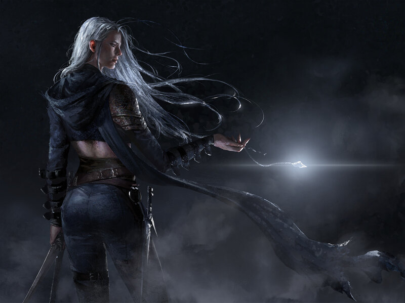 Woman with White Hair — Black, Dramatic, Night, Digital Art, Sword, Cloak